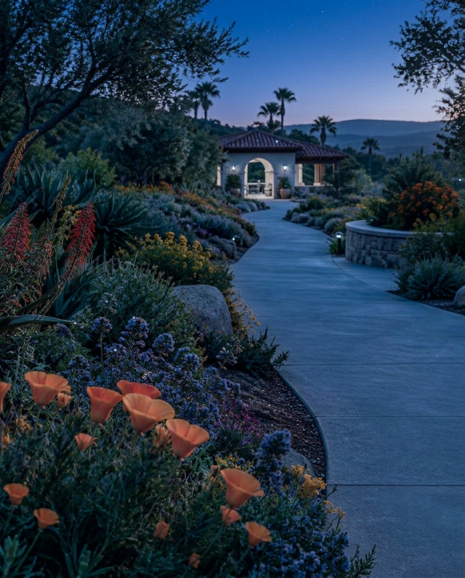 A wide garden path leading toward a pavilion in golden-hour light