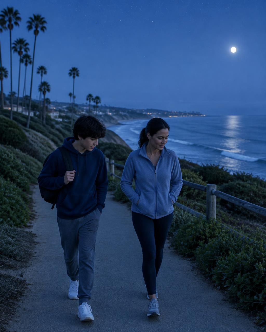 A teen with a backpack and a parent walking beside the coast in cool moonlight
