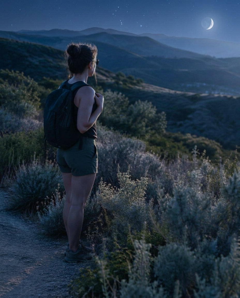 An adult pausing on a trail overlooking sunlit hills