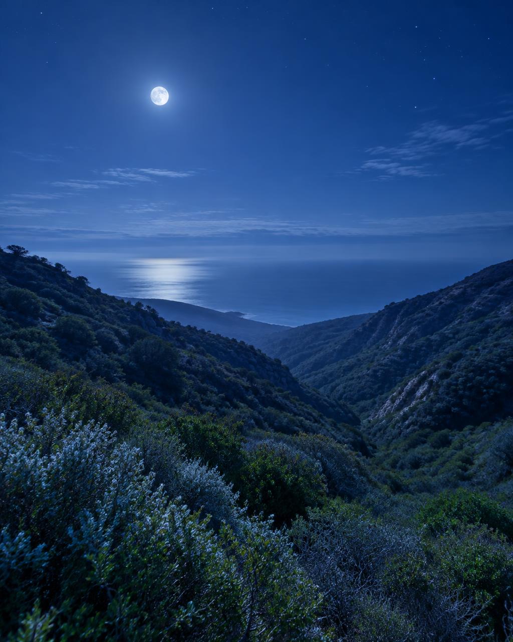 A coastal canyon and distant ocean at blue hour