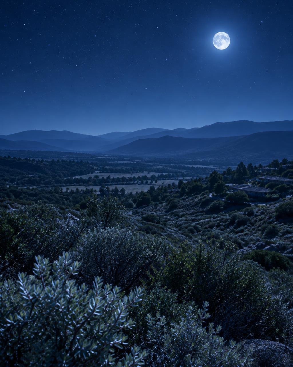 A broad inland valley and layered moonlit ridges