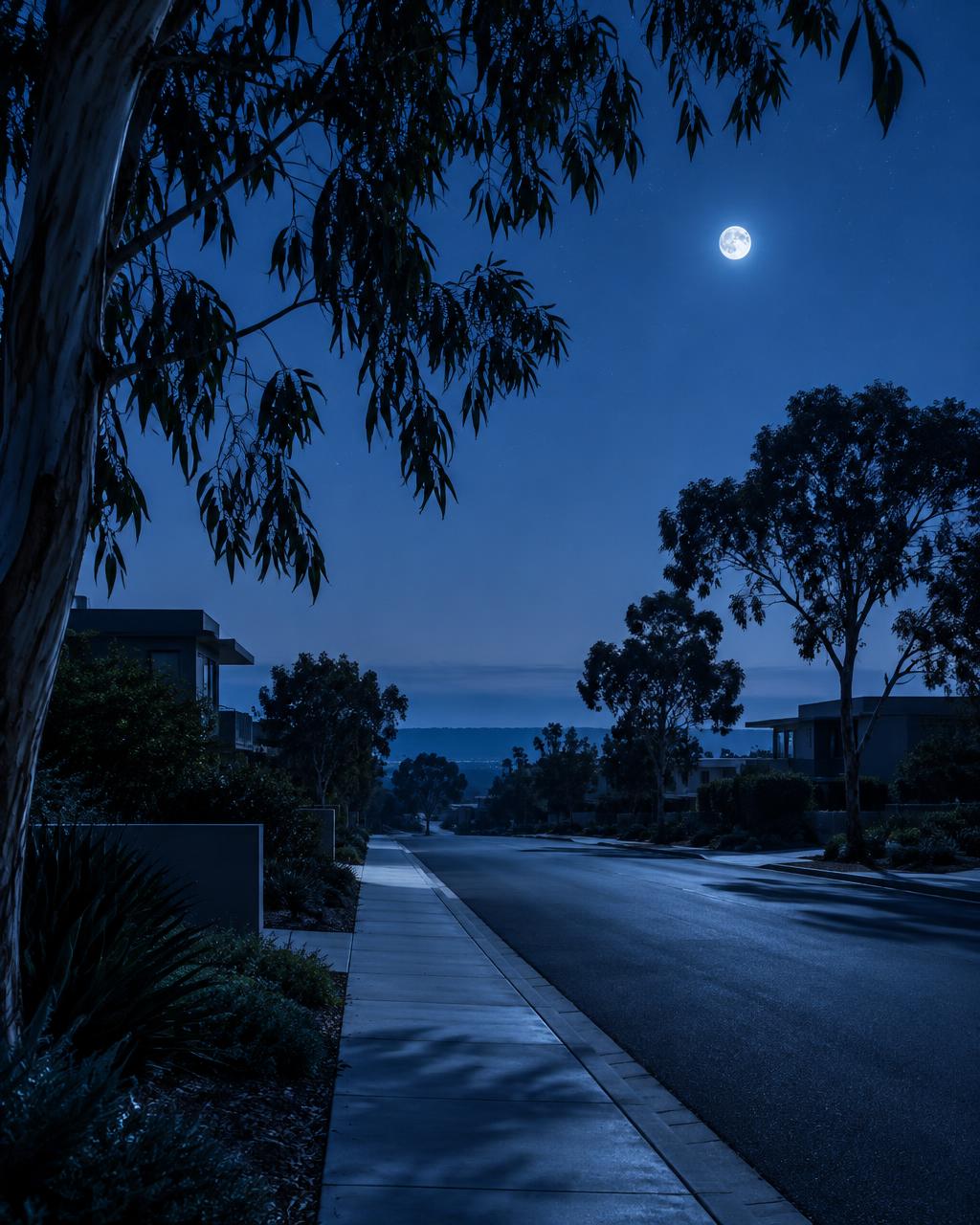 A quiet county neighborhood street in cool moonlight