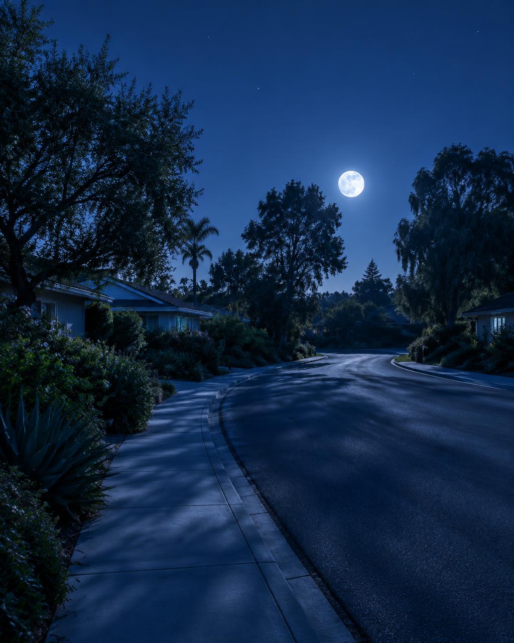 A tree-lined residential street under moonlight