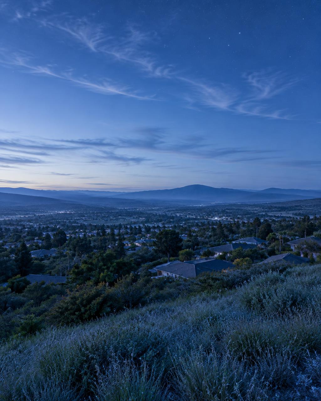 Layered county hills and rooftops under early stars