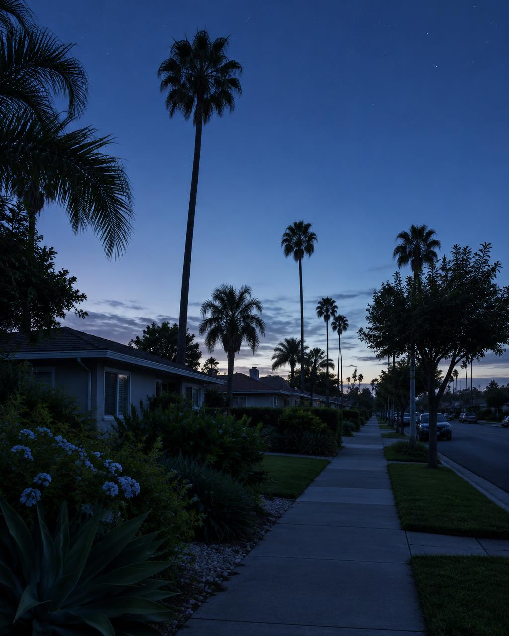 A quiet neighborhood sidewalk with silhouetted palms