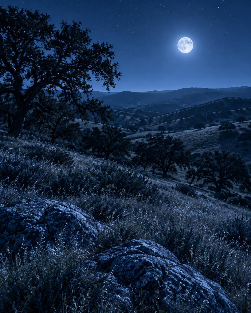 Rolling hills and oak silhouettes beneath stars