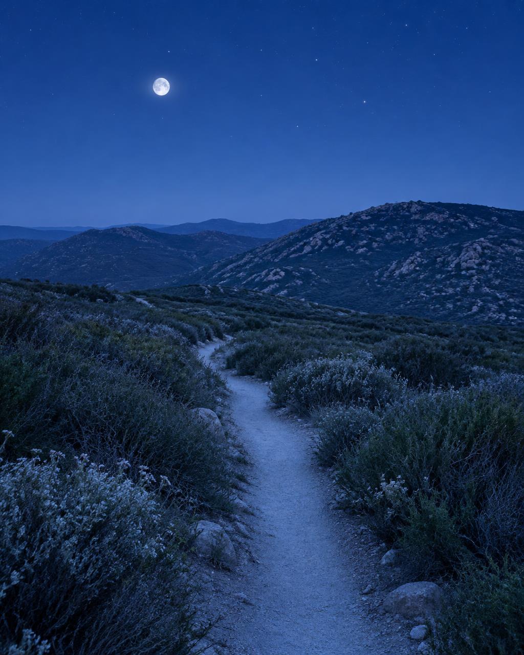 A mesa path with shrubs and cool blue hills