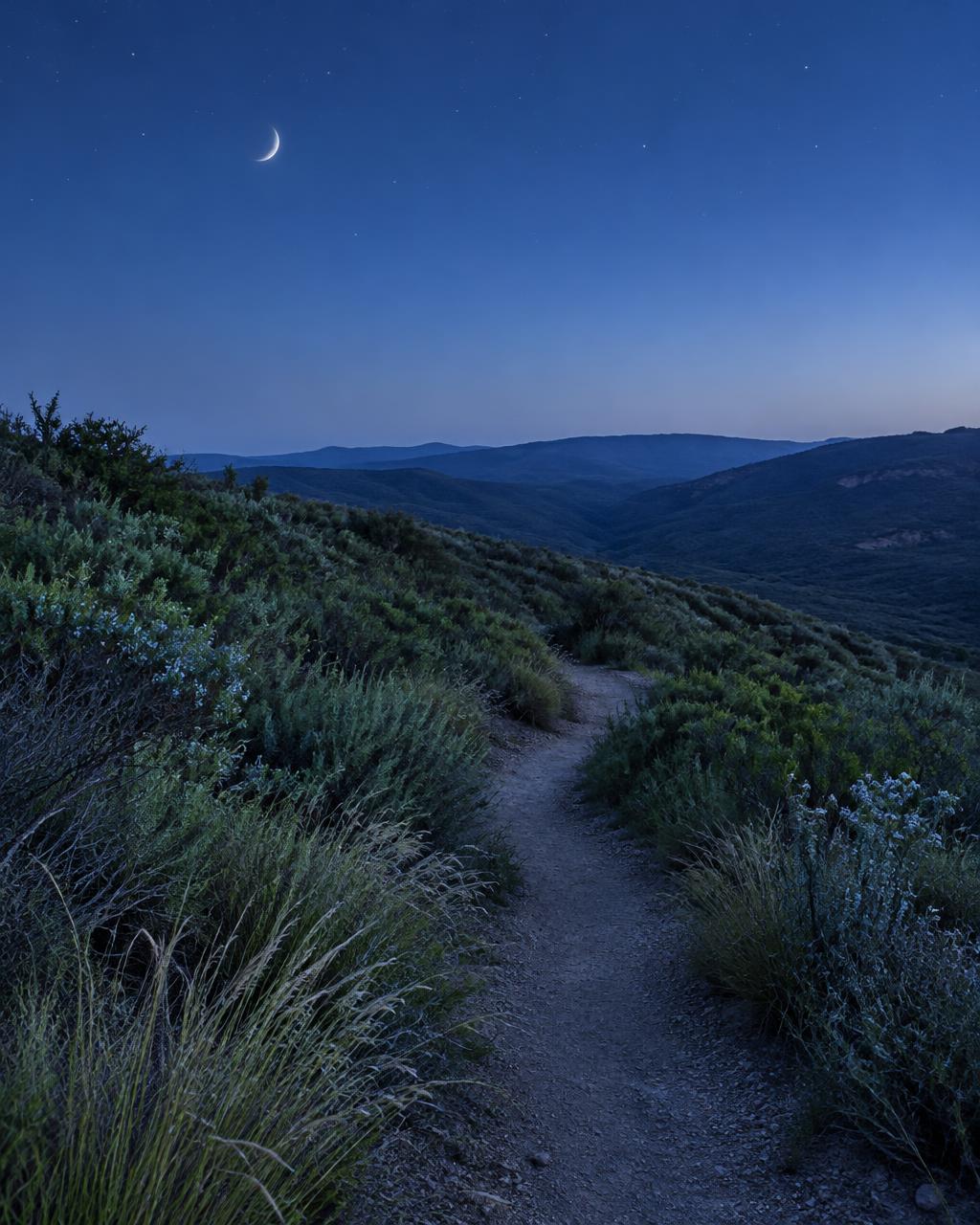 A mesa trail through shrubs beneath a crescent moon