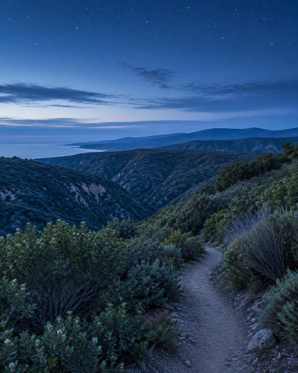 A canyon rim path and hills at twilight