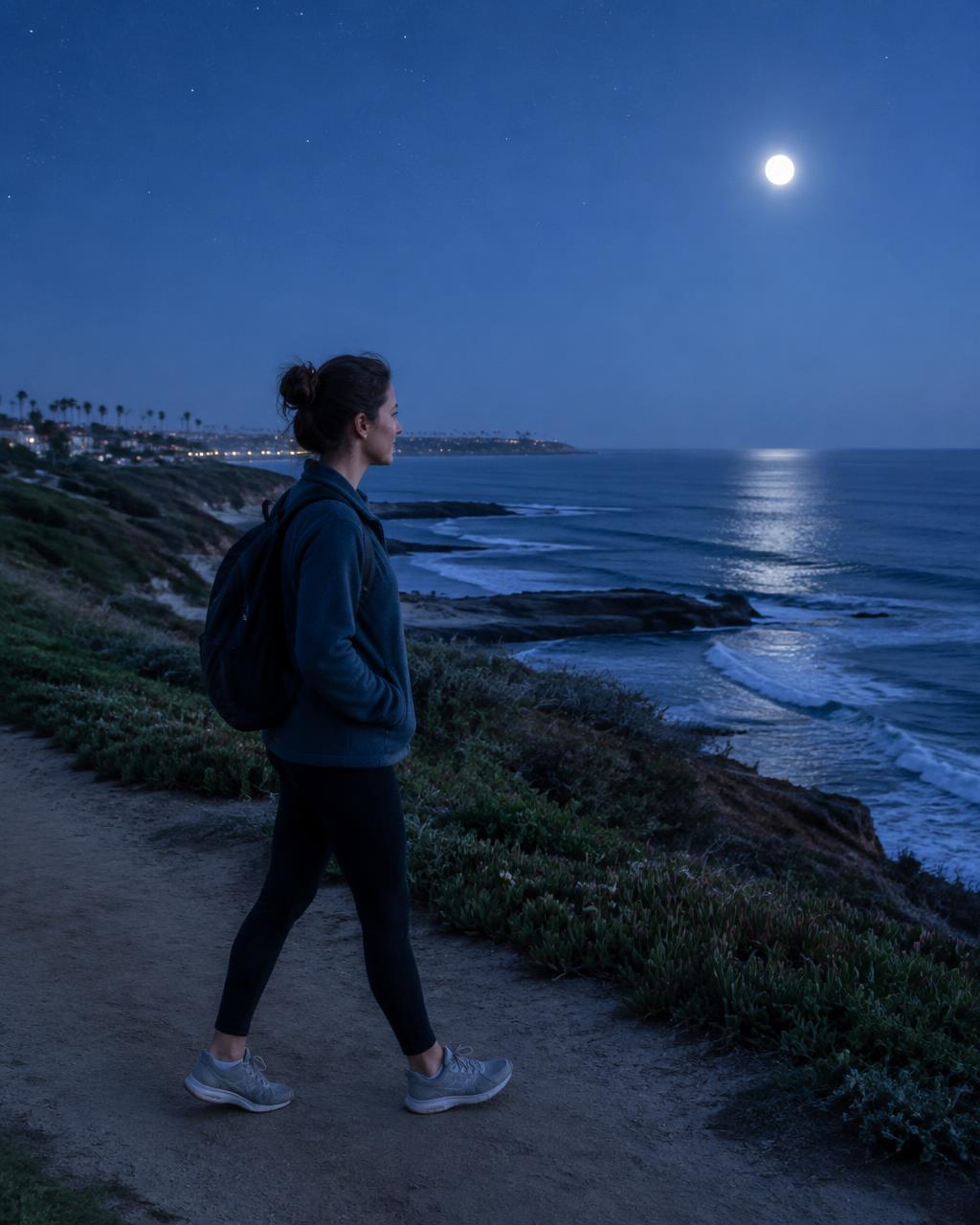An adult looking toward the ocean from a coastal path at blue hour