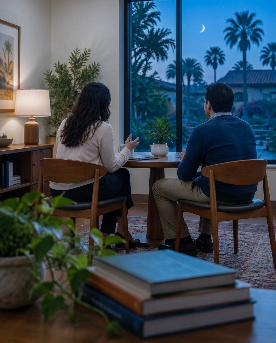 Two anonymous clinicians in conversation, seen from behind in a warmly lit office