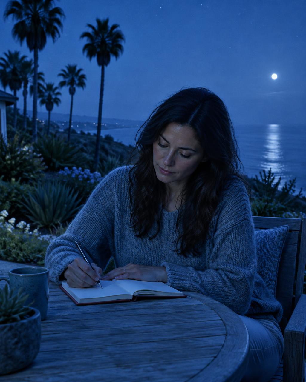 An adult writing in a notebook at an outdoor coastal table in blue-hour light