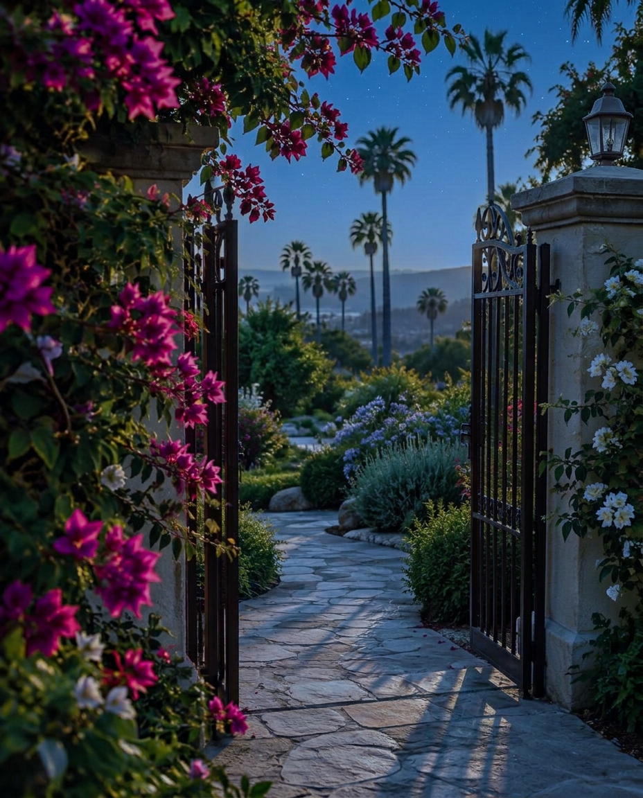 An open garden gate in golden-hour light