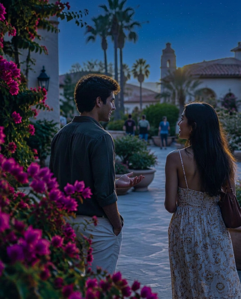 A couple talking during an evening walk