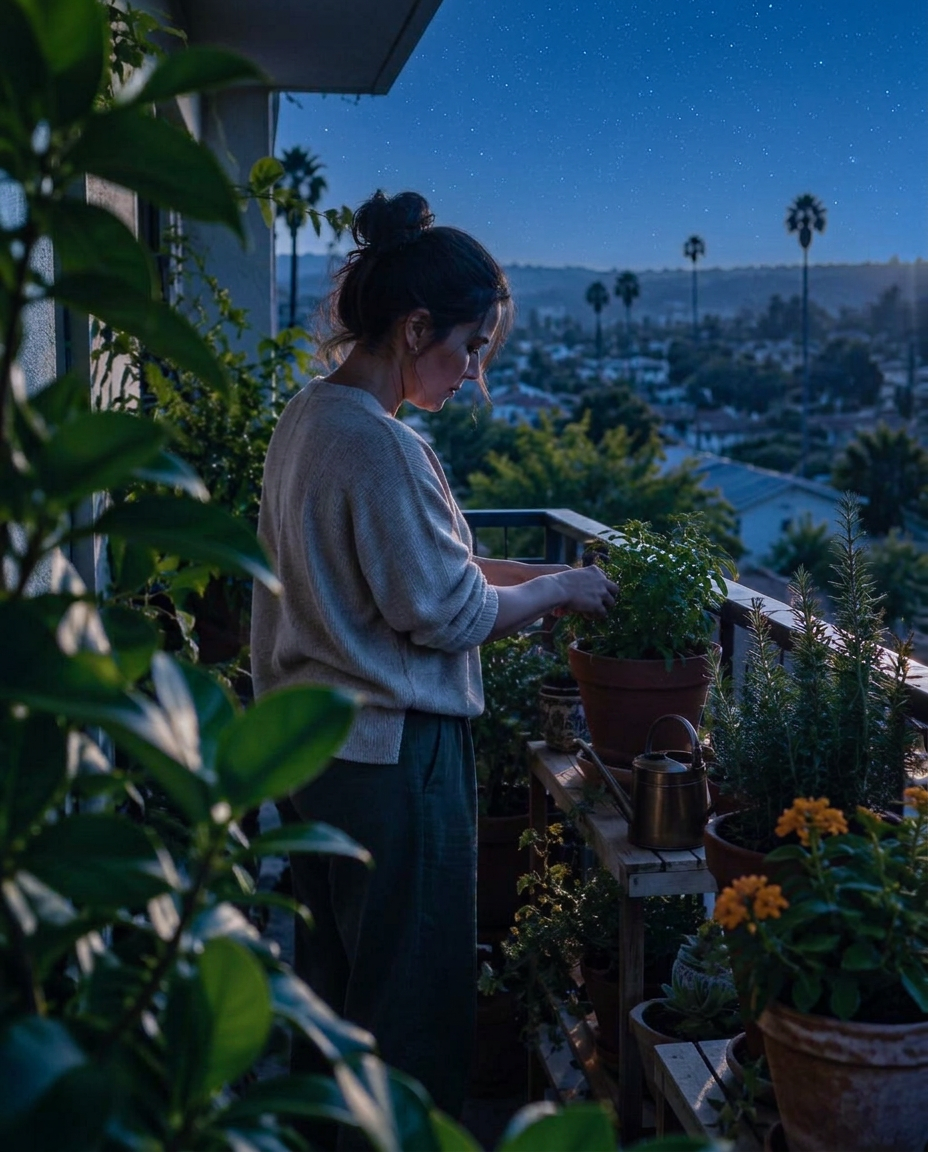 An adult reflecting in a softly lit room at dusk