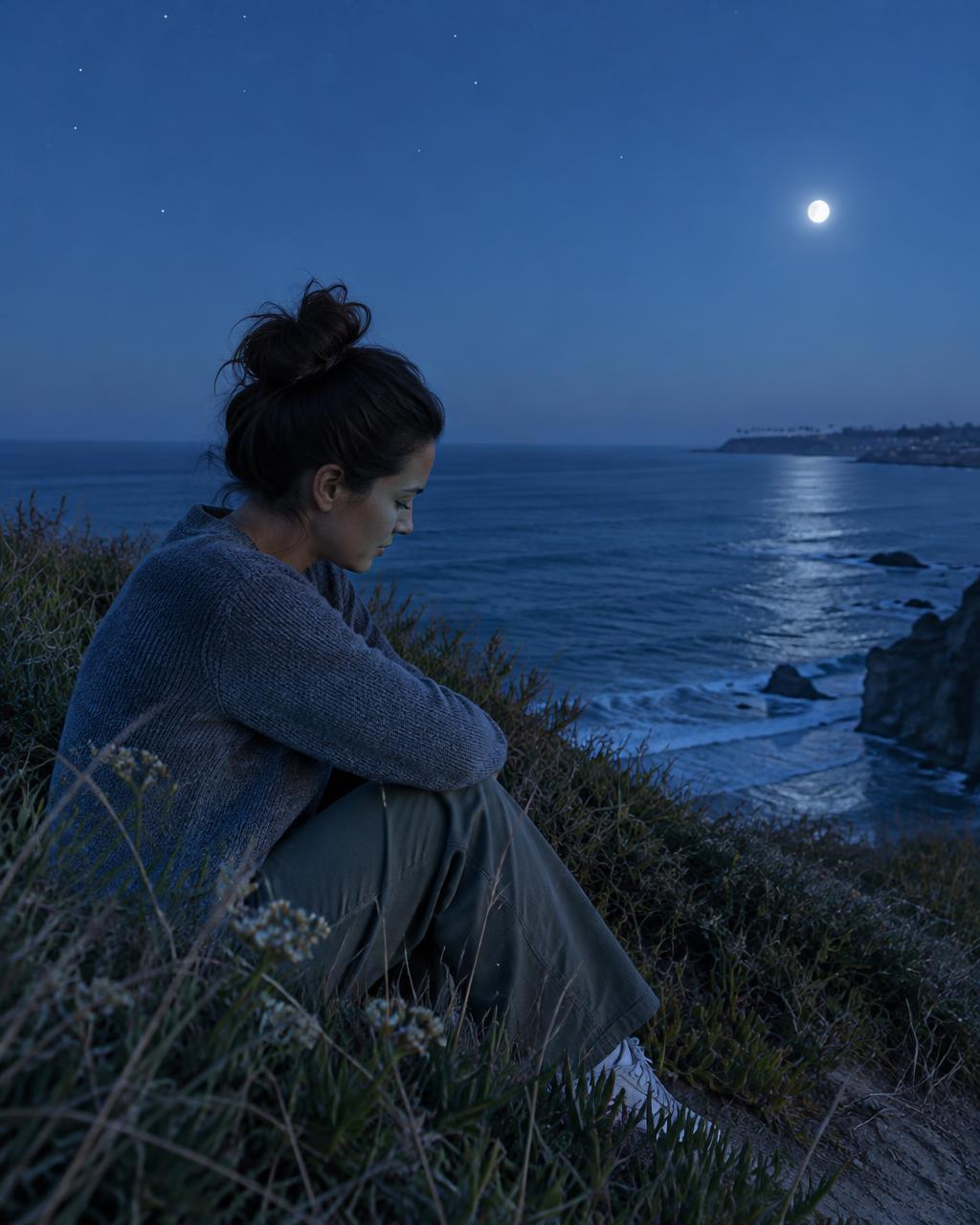 An adult taking a quiet pause beside coastal grasses and moonlit water