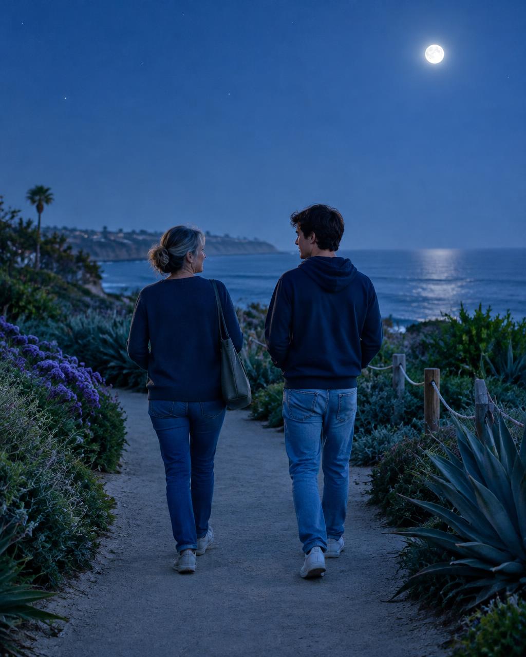 A parent and young adult talking on a coastal path under a moonlit blue sky