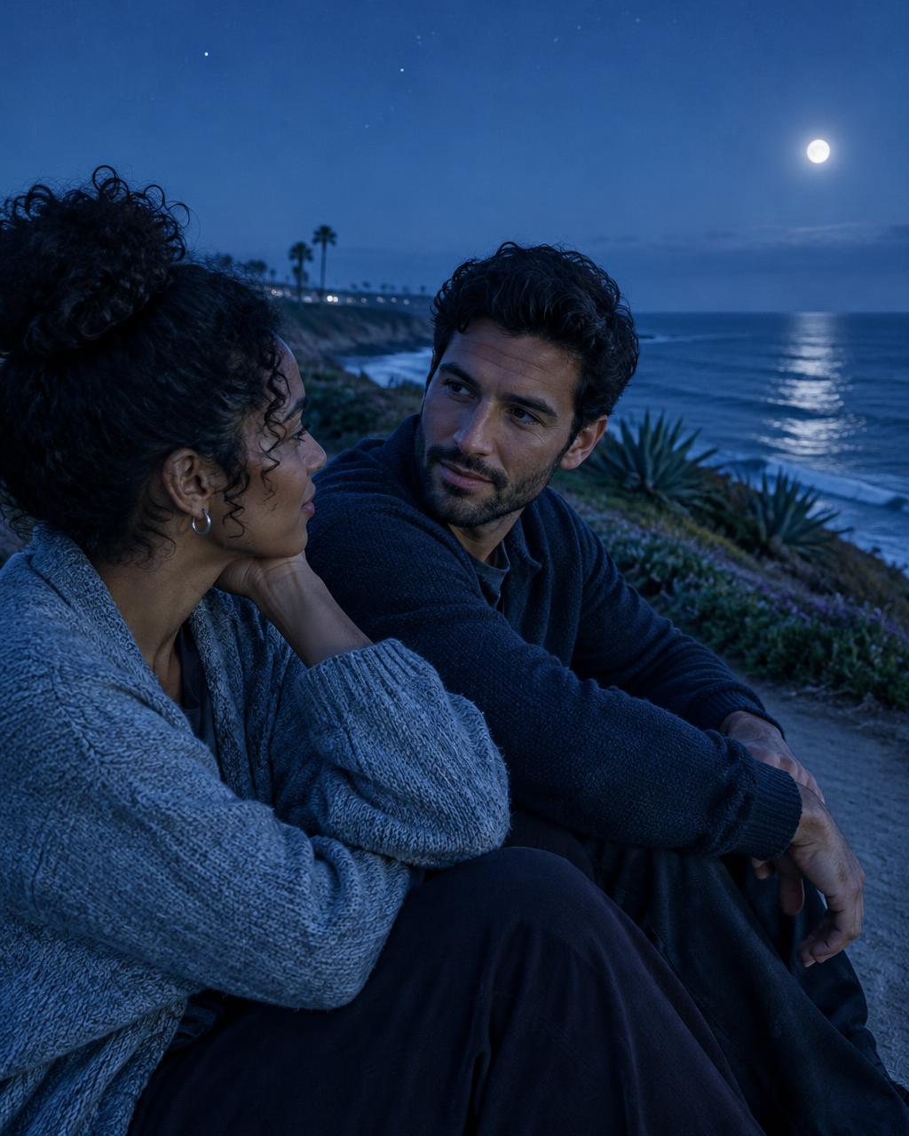 An adult couple listening to each other beside the coast in cool moonlight