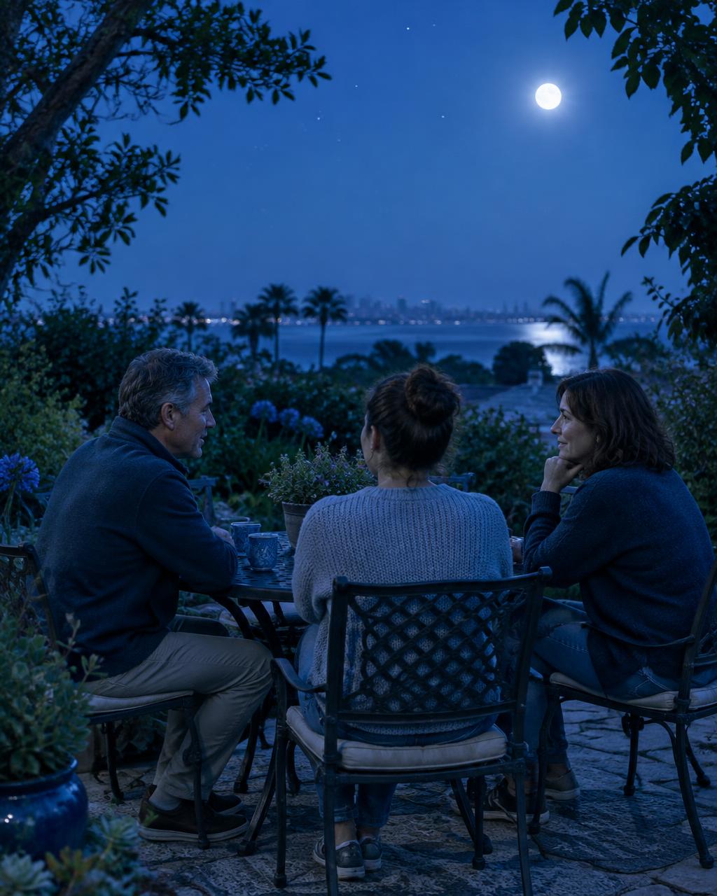 Three adult relatives sharing a quiet conversation outdoors under a blue night sky