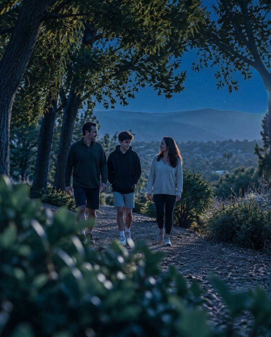 A family with an adolescent walking through a park at sunset