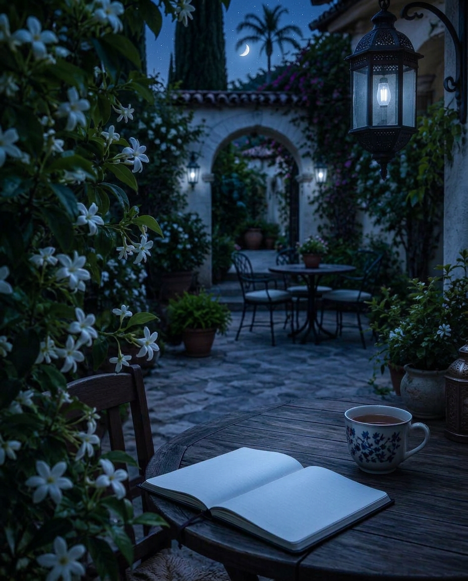 An open notebook in a warmly lit courtyard