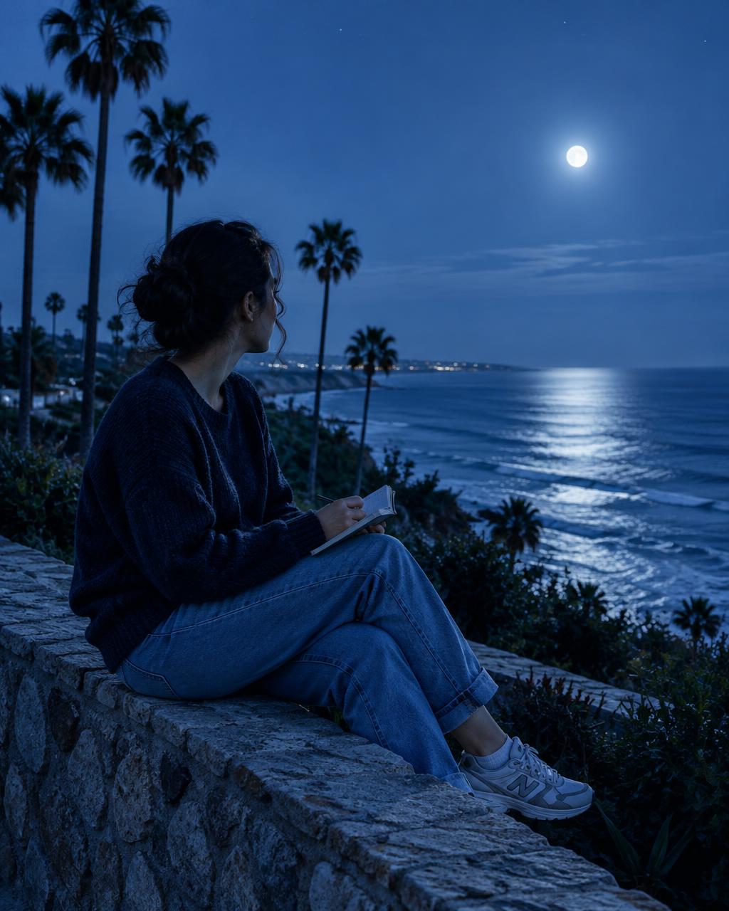 An adult with a notebook seated on a coastal wall looking toward the moonlit ocean
