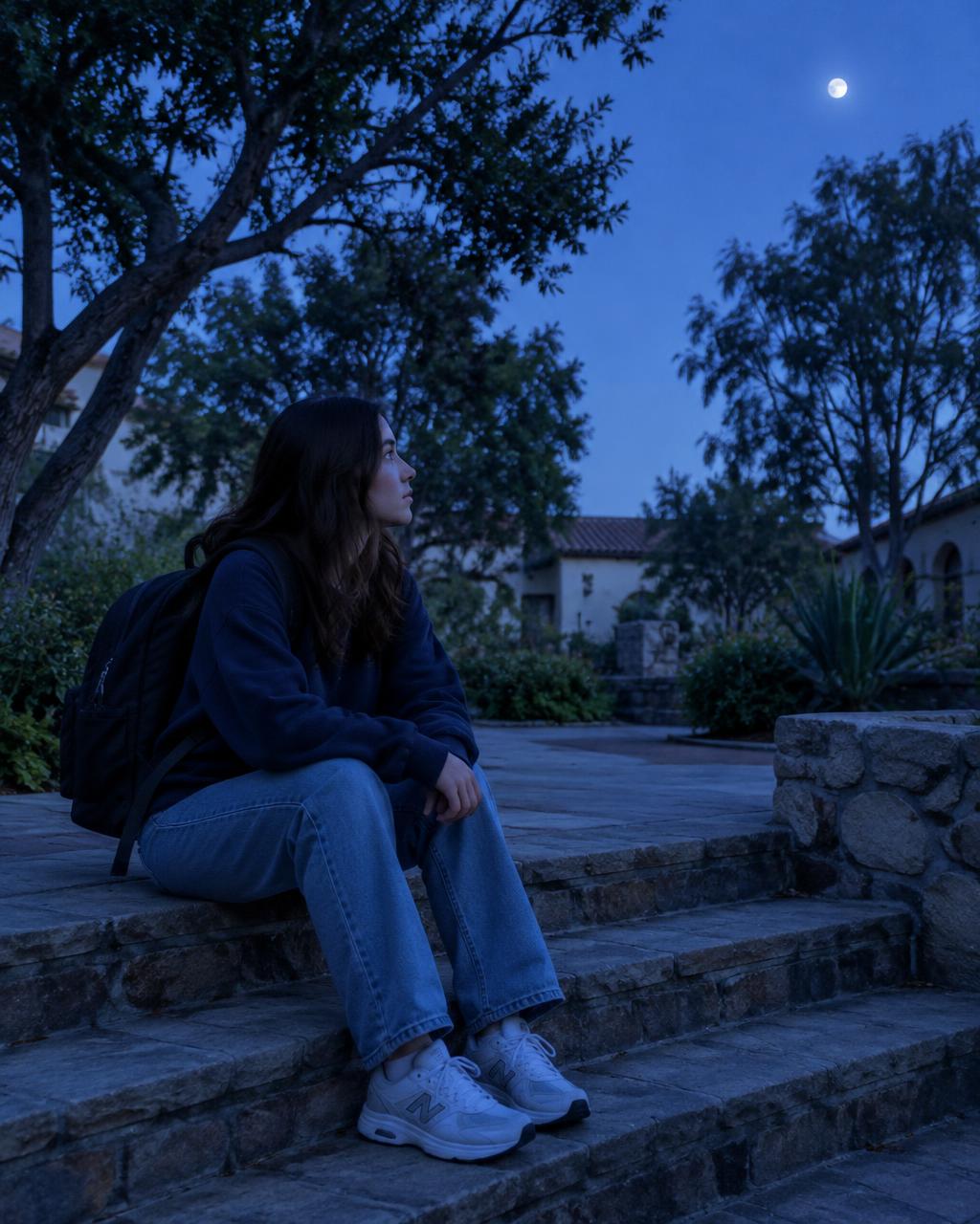 A young adult with a backpack resting on a garden step at blue hour
