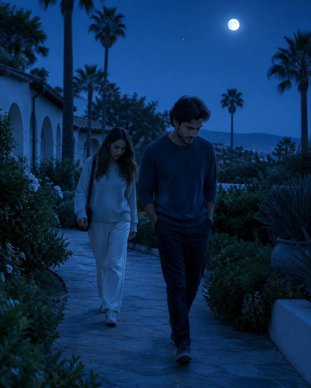 Two partners walking along a courtyard path at moonlit blue hour