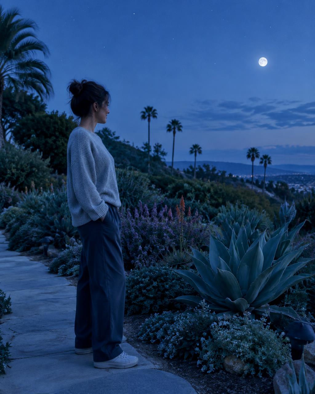An adult looking out over a garden in cool evening light