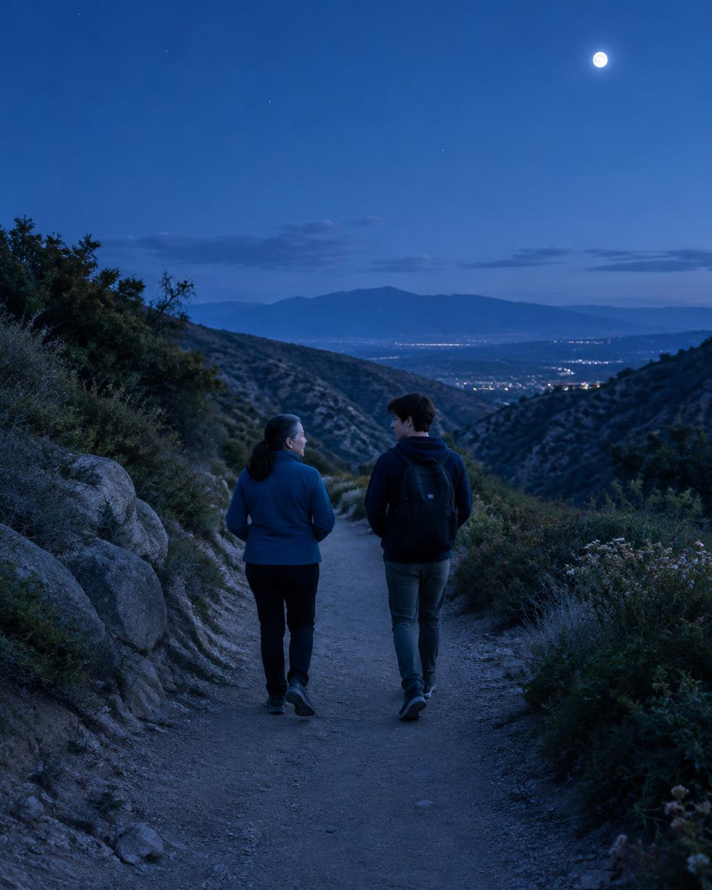 A young adult and parent walking beside a canyon in cool evening light