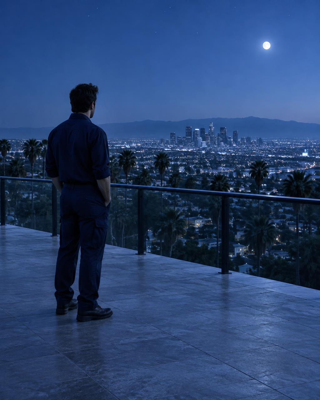 An adult in work clothes looking across a moonlit city terrace