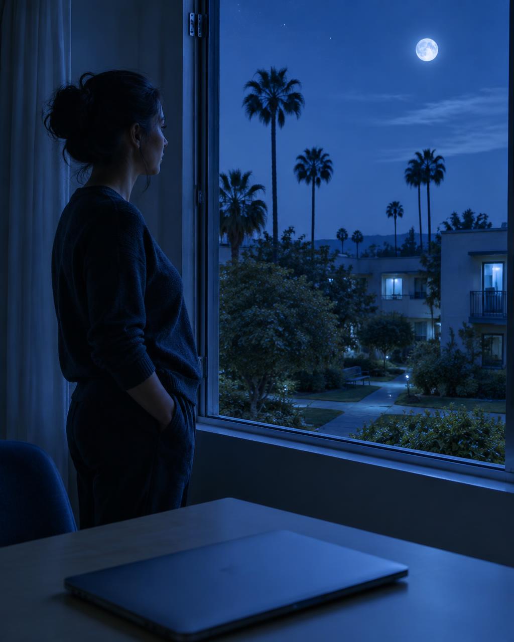 An adult looking out a moonlit window with a closed laptop nearby
