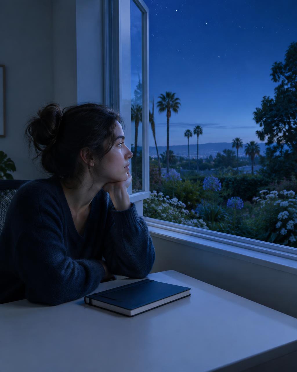 A young adult beside a window with a notebook and blue evening sky