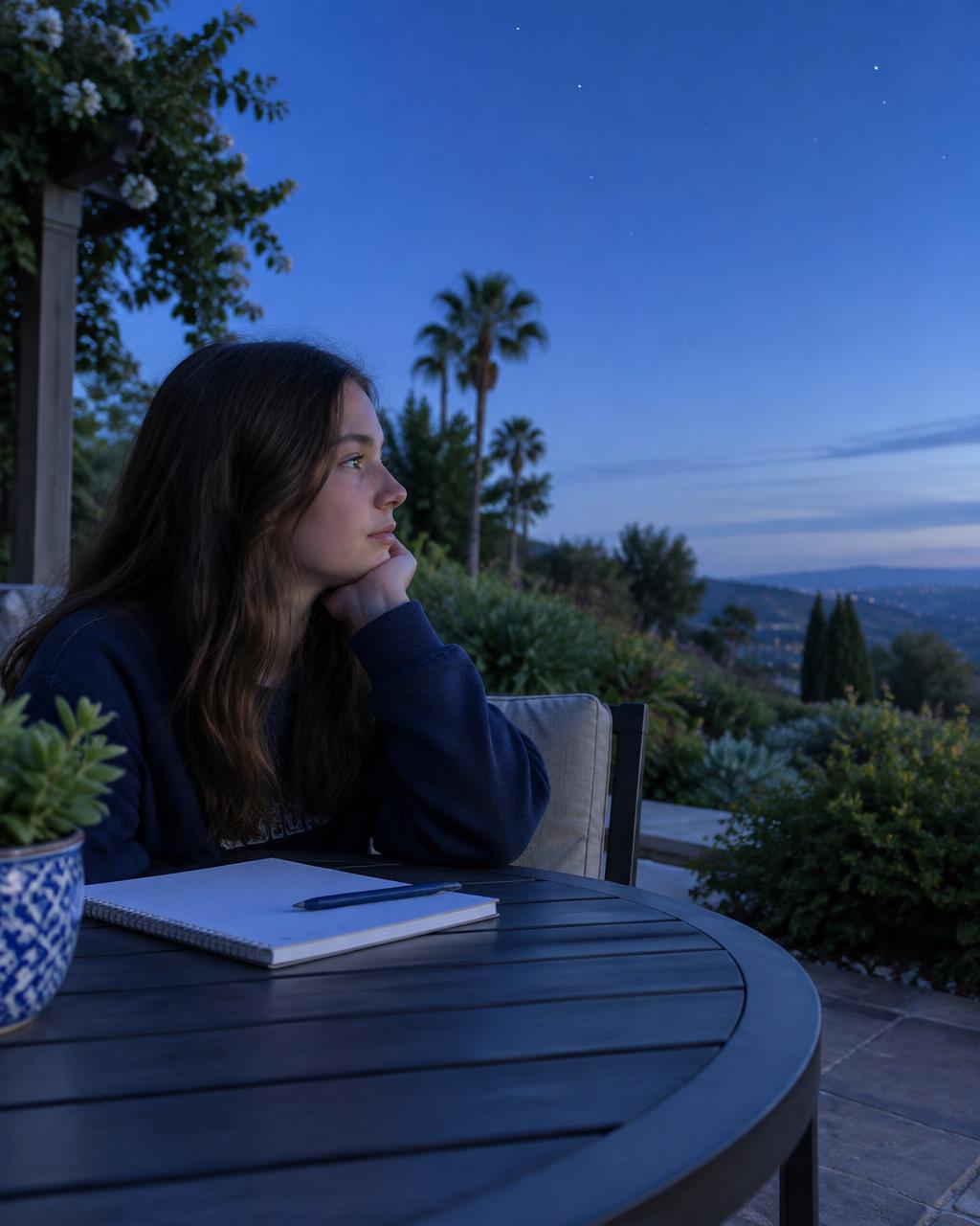 A teenager resting with a notebook on a quiet evening terrace