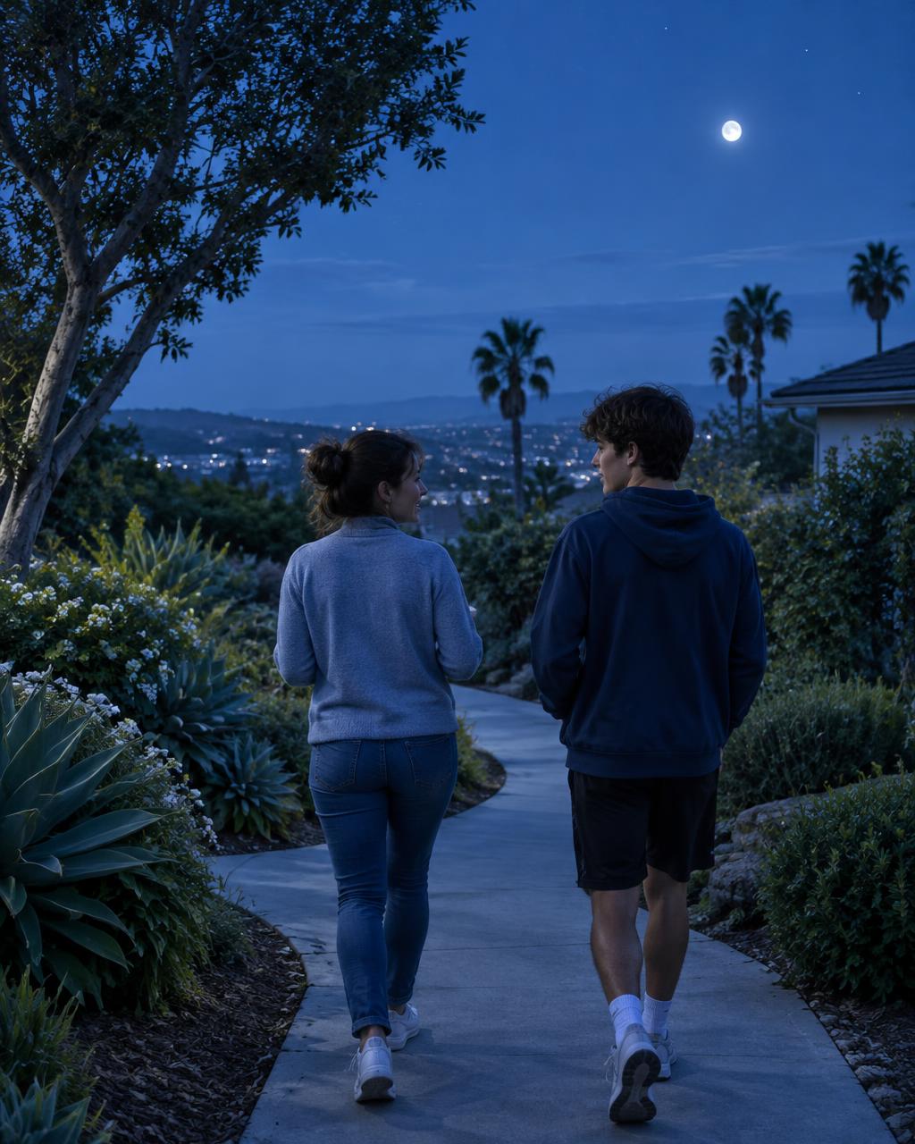 A parent and teen walking together along a cool blue neighborhood path