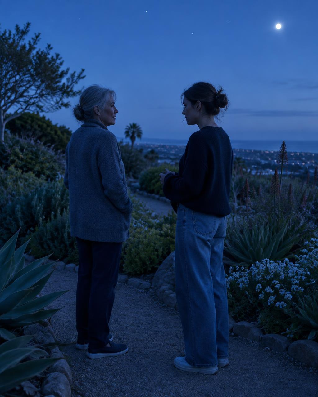 Two adult family members talking on a moonlit garden path