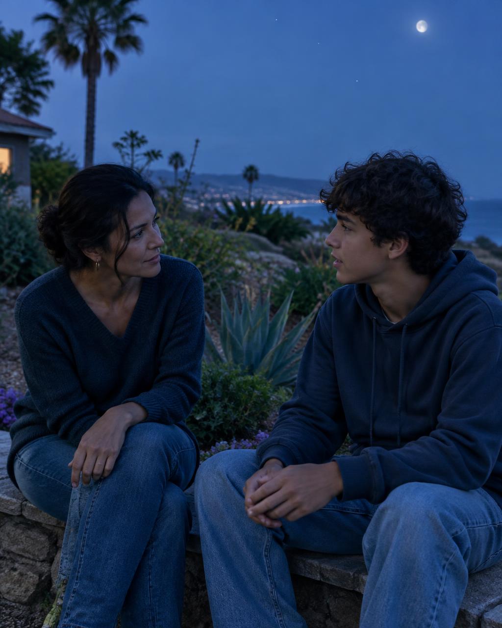 A parent and teenager talking beside a garden at blue hour