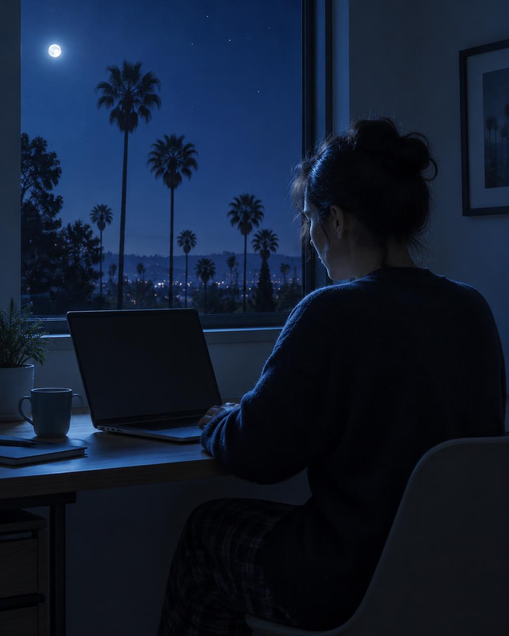 An adult at a desk beside a moonlit window with a laptop angled away