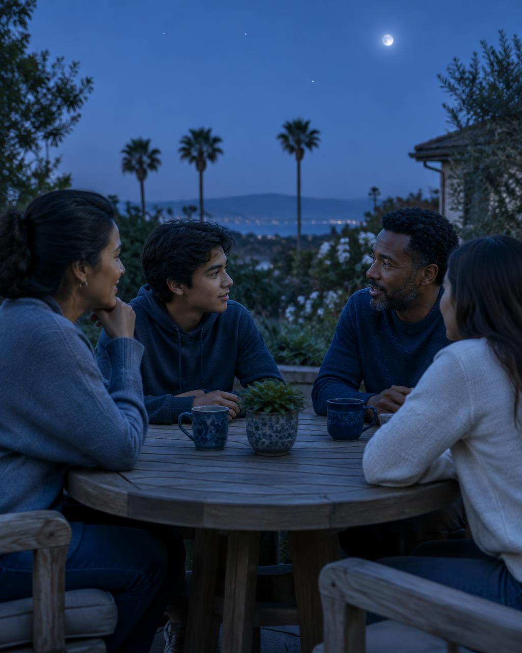 Family members talking around an outdoor table in cool twilight