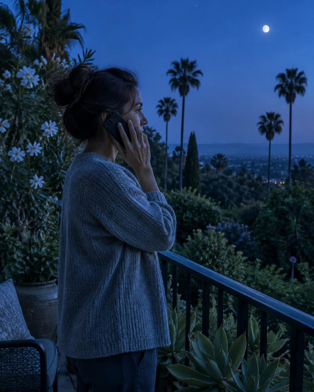 An adult making a phone call on a garden balcony at blue hour