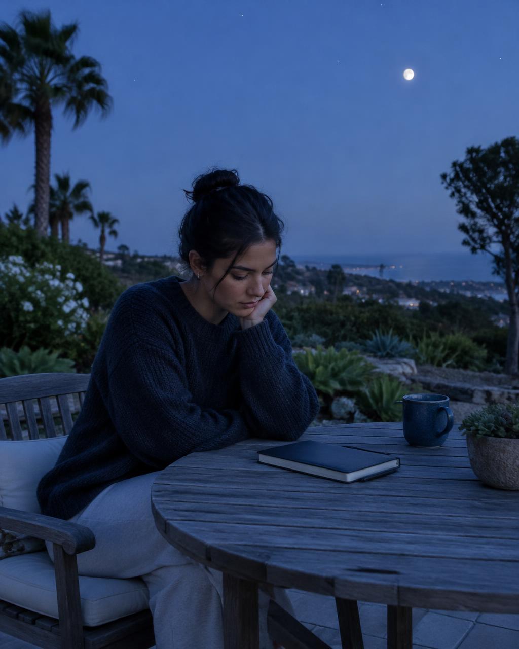 A young adult reflecting at an outdoor table beneath early stars