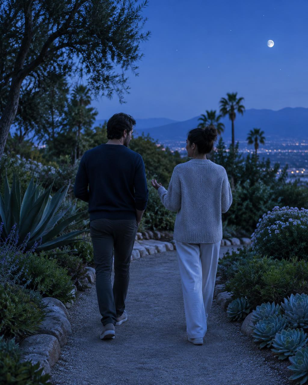 Two adults in conversation on a cool blue garden path, viewed from behind