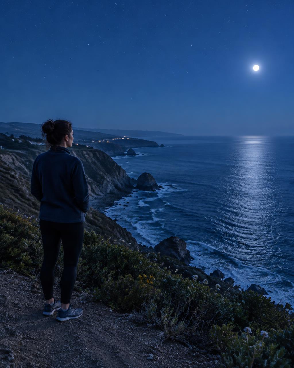 An adult pausing beside a quiet coastal overlook at blue hour