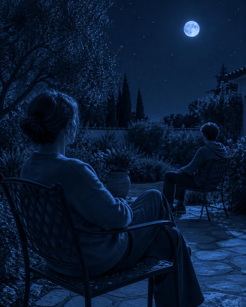 A parent sitting nearby while a teenager looks across a twilight courtyard