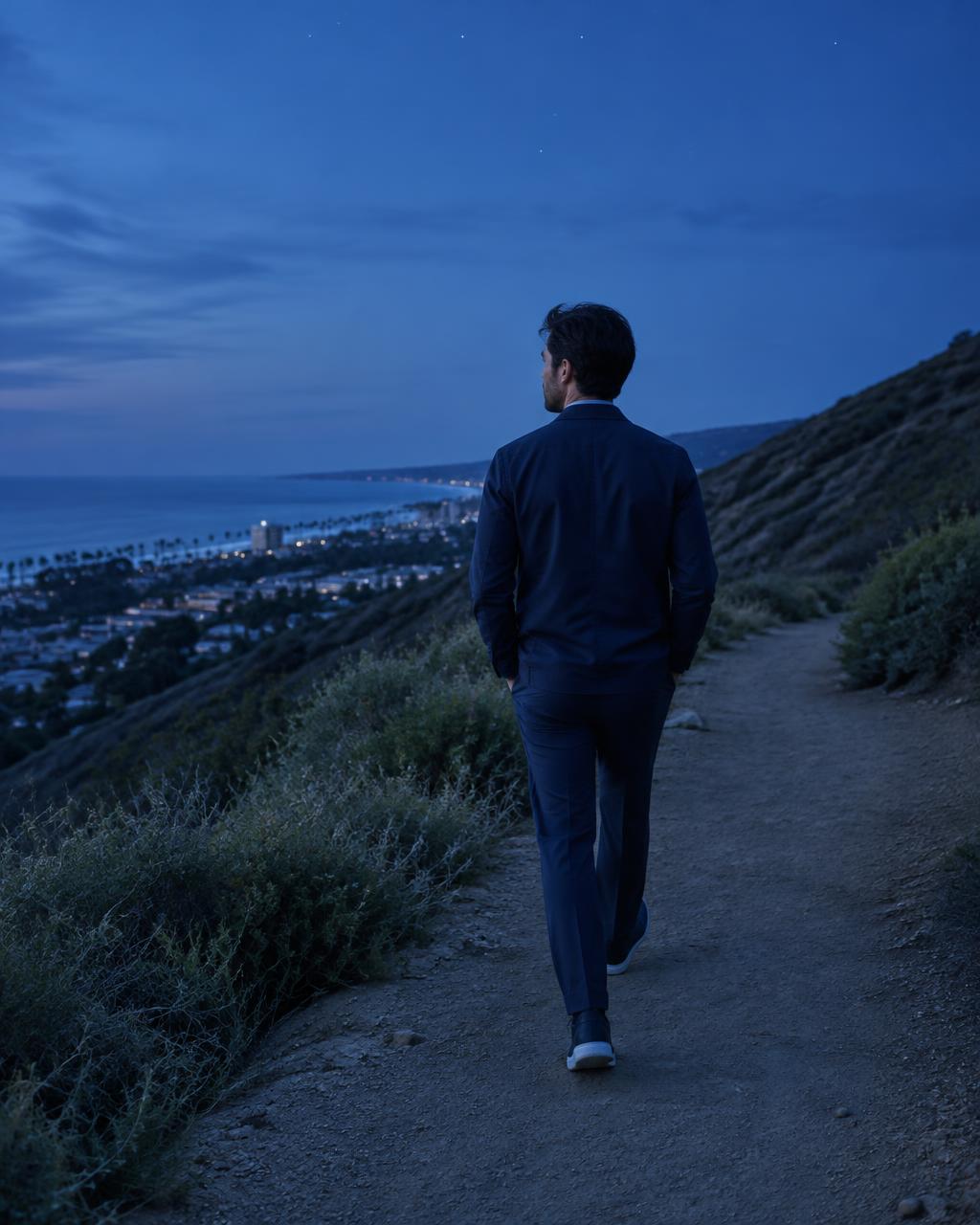 An adult in work clothes walking a hillside path beneath early stars