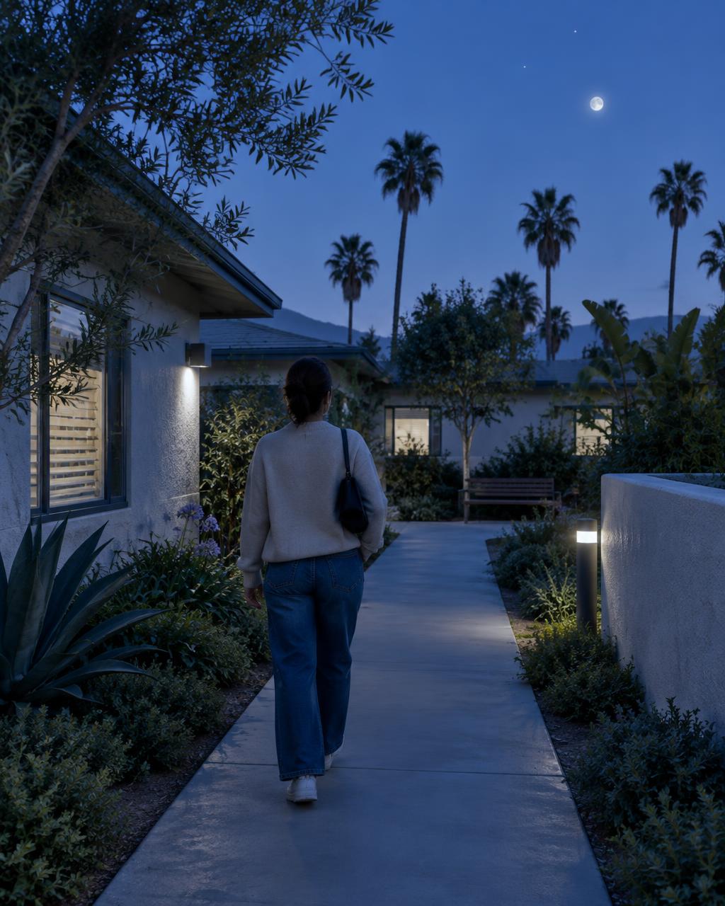 An adult walking through a quiet courtyard at twilight