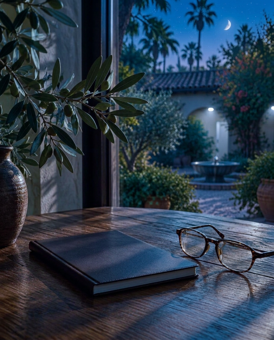 A notebook and glasses on a desk overlooking a sunlit courtyard