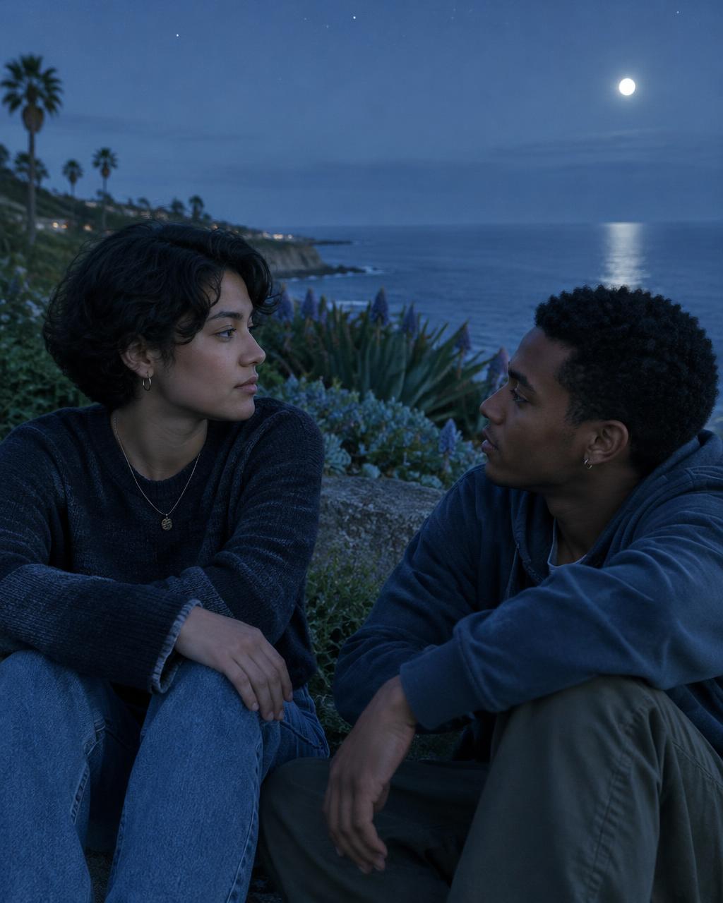 Two young adults sharing a quiet conversation beside the ocean under early stars