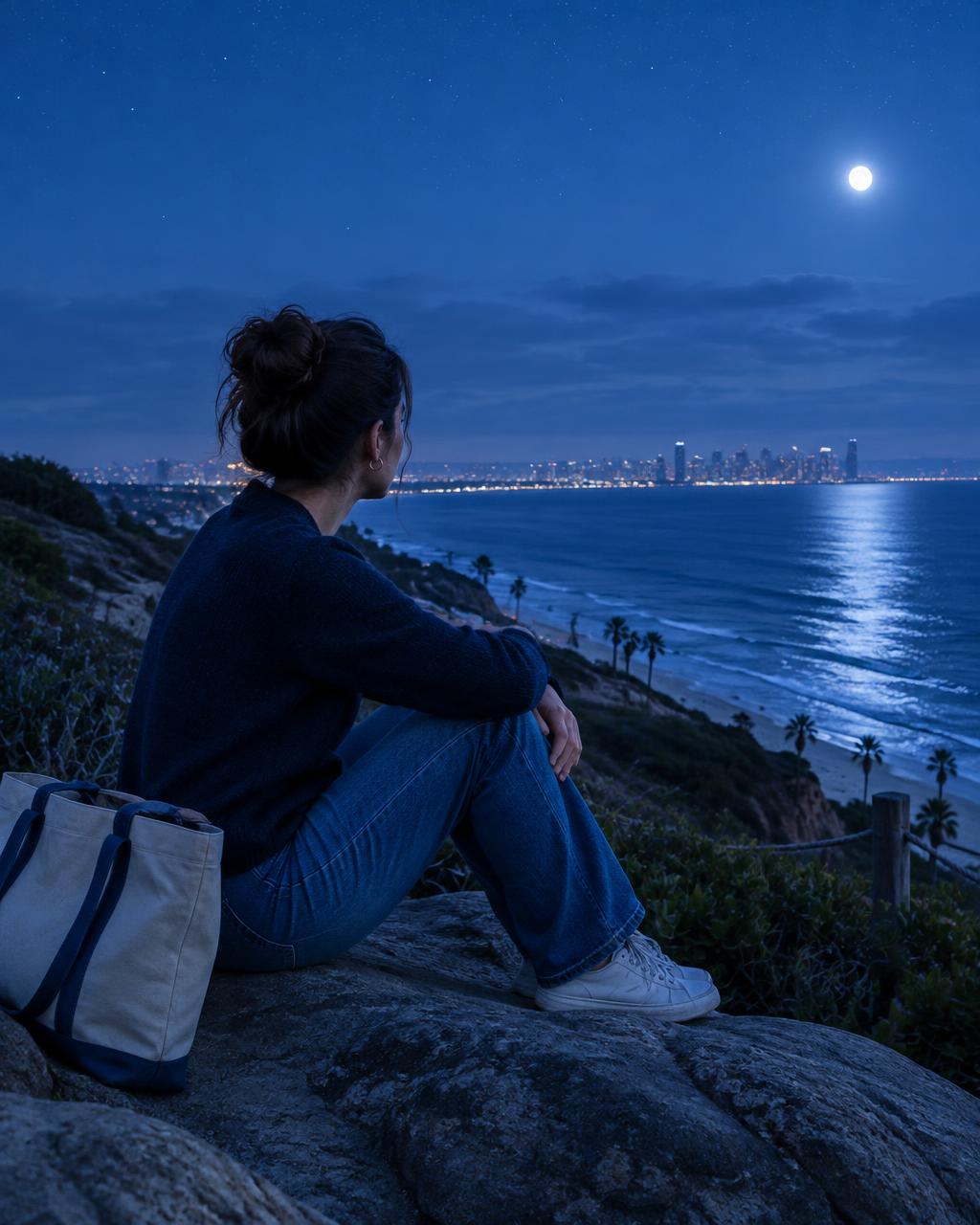 An adult with a work bag taking a quiet pause above the coast at blue hour
