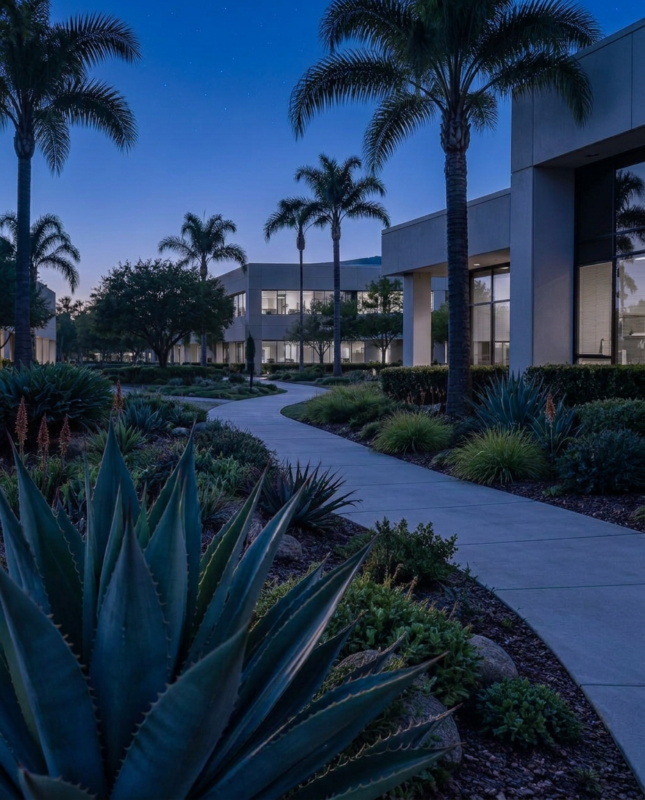 Illustrative office park in Kearny Mesa at golden hour, not a photograph of the practice office